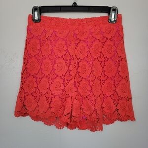Chelsea & Violet XS Neon Coral Crochet Floral Shorts Stretch Waist High Rise